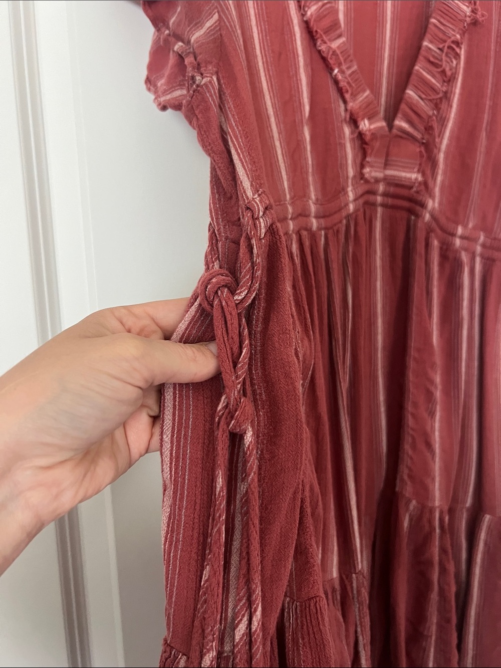 ANA Ruffled V-Neck Tiered Midi Dress - Dusty Rose Stripe - Picture 4 of 6